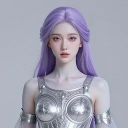 portrait of young female prophetess of the endtimes, transluscent skin, silver filigreed armor, lavender hair, beautiful! coherent! dungeons and dragons character, by brian froud, strong line, cool night color, high contrast