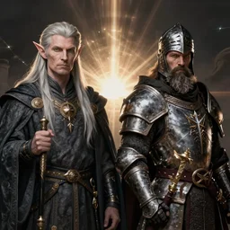 a portrait of an elven wizard and a dwarf paladin, grimdark extremely detailed fantasy art by Gerald Brom, octane render