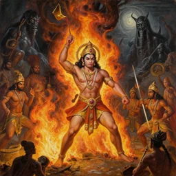 Hanuman setting Lanka on fire in an epic dramatic scene from Ramayan , by Zdzisław Beksiński, by HR Giger, by Greg Rutkowski, oil on canvas, masterpiece, detailed, dynamic, cinematic composition, beautiful lighting, view from ground, trending on artstation, top on pixiv, 8K, no frames,