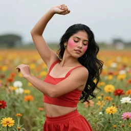 beautiful dark skinned mexican woman, dancing in a field of flowers, prominent rosy cheek bones, black hair and brown eyes, van gogh art style,
