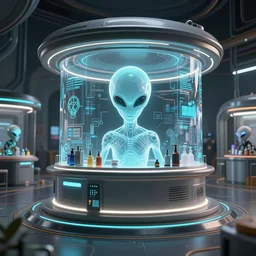 alien ship shop, futuristic, holographic, 8k