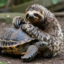 a sloth hugging a turtle