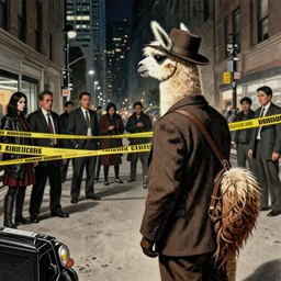 a personified llama wearing a 1 9 4 0's noire detective outfit, standing in the streets of chicago at night looking at a crime scene, crime scene photography by moebius, junji ito, tristan eaton, victo ngai, artgerm, rhads, ross draws, hyperrealism, intricate detailed, risograph