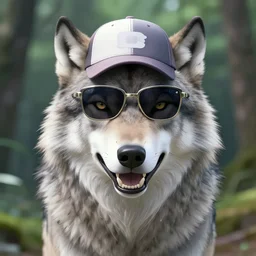 full body wolf wearing sunglasses and a baseball cap, symmetrical face. symmetrical detailed defined eyes. isekai background style, nature, elegant, gorgeous, beautiful, seaky, laughing