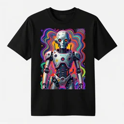 mockup of a black tshirt with a hyperdetailed trippy portrait of a atompunk robot by hajime sorayama, 8 k, symetrical, flourescent colors, trippy mood, multicolored,