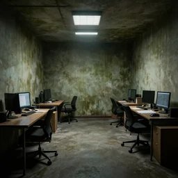 backrooms office space, ominous lighting, moldy walls