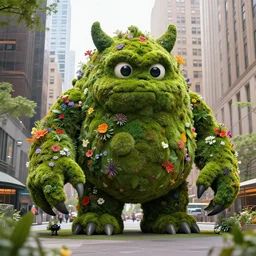 a giant monster made of moss and flowers in New York, cinematic, photo realistic, concept art, well detailed, 8k