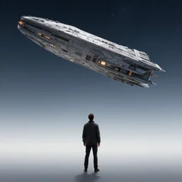 a figure standing from a distance staring at a falling star freighter, octane render, hyper realistic