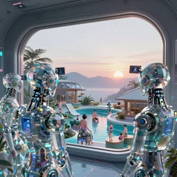 a cinematic composition depicting : we're overlooking translucid crystal android being, whos is behind their heads up display viewing out of their window how a high tech lush solarpunk tribe collaborating with their technologic android helpers encroaching a cyberpunk resort sauna at sunrise, square lines, ghost in the shell