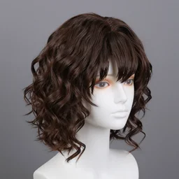 stylized avant hairstyle portrait demure wig professional volume wavy dynamic form, clear anime hair bangs, full wig display, high detail, sigma 8 5 mm f _ 8, high detail, expert photography