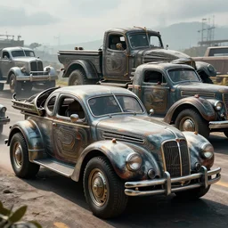 retro futuristic vintage cars, trucks, atmospheric lighting, painted, intricate, volumetric lighting, beautiful, daytime, sunny weather, slight overcast, sharp focus, deep colours, ultra detailed, by leesha hannigan, ross tran, thierry doizon, kai carpenter, ignacio fernandez rios