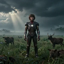 iron - bru man in the stranger things upside down world, realistic, photography, award winning, 8 k, wide shot, still frame from the princess mononoke film, overgrown grass, dramatic, animals, gloomy, volumetric light, ground mist, cinematic, filmic,