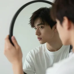 young man looking deeply into a mirror, portrait studio, taken with canon eos, f 1. 4, soft diffused light, iso 2 0 0,