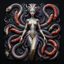 medusa with sausages instead of snakes. replace snakes with sausages. intricate abstract. intricate artwork. by tooth wu, wlop, beeple, dan mumford. trending on artstation, greg rutkowski very coherent symmetrical artwork. cinematic, hyper realism, high detail, octane render, 8 k, iridescent accents