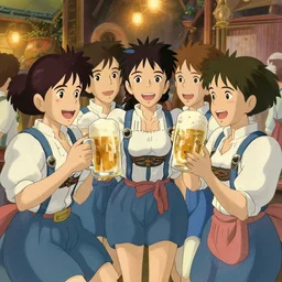 oktoberfest girls celebrating, beer, in the style of hayao miyazaki