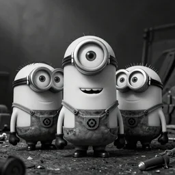 minions in world war 2, black and white, dark lighting