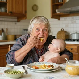 hyper realistic hight detailed grandmother with a big mouth eating babies andivan shishkin on the table in the russian kitchen, by norman rockwell, bright colors, 4 k, 1 6 k, 3 2 k, photorealistic, cartoon style