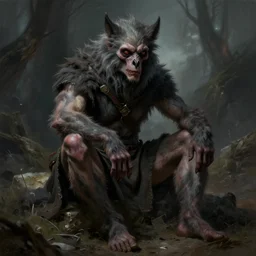 Portrait of a zombie werewolf sitting down, male, muscular, bare thighs!!!, simple clothing!!!!!, fantasy, medieval, highly detailed, cinematic lighting, digital art painting by greg rutkowski