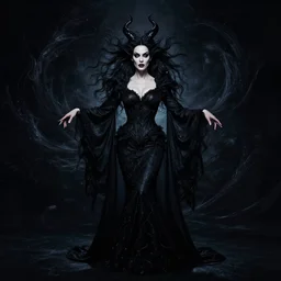 style of peter mohrbacher : : gorgeous willa holland : : evil witch, swirling black magic, black dress : : l symmetrical face, symmetrical eyes : : full body pose : : gorgeous black hair : : magic lighting, low spacial lighting : :