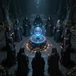 a quantum computer surrounded by a dark cabal of hooded elven mystics gathered in a circular formation, michael whelan art