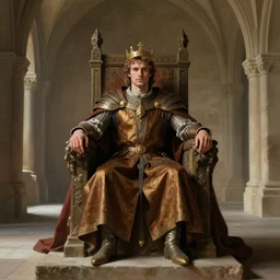 bradley james as attractive king arthur pendragon, sat in his throne, big arches in the back, natural lighting, path traced, high quality, very detailed digital painting, by gaston bussiere, craig miller, j. c. leyendecker