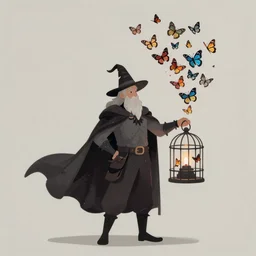 wizard with a cape holding a cage, with a swarm of butterflies fluttering out, detailed digital 2d fantasy art, muted colors