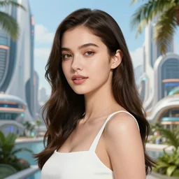 a portrait photo of a beautiful young woman in a futuristic tropical city, very sharp and detailed image, award winning