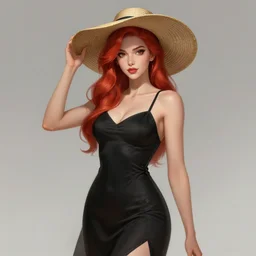 a highly detailed illustration of tall beautiful red haired lady wearing black spaghetti strap dress and sun hat, elegant pose, perfect face, perfect body, perfect eyes, intricate, elegant, highly detailed, centered, digital painting, artstation, concept art, smooth, sharp focus, league of legends concept art, wlop.