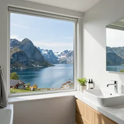 Bathroom with a big window with a view to a splendorous fiorde