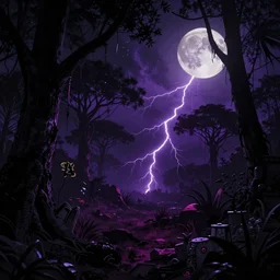 Magic jungle at starry night during super full moon, digital graffiti landscape, detailed, sci-fi fantasy, surreal, main colour - black, second colours - purple, fuchsia, dark mood, creepy lightning, deep shadows, HD, 4K, photorealistic, minimalistic