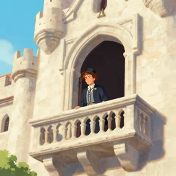 A illustration of Max Caulfield on the balcony of a castle