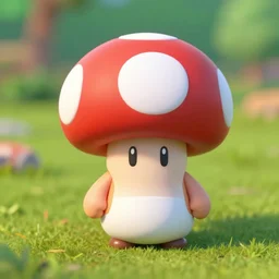 a small plastic toy of mushroom from mario, miniature, realistic, plastic art. artstation