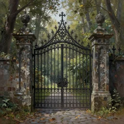 beautiful digital painting high quality heavy iron gothic gate in the woods cobblestone ground by  Eyvind Earle , ,artstation behance