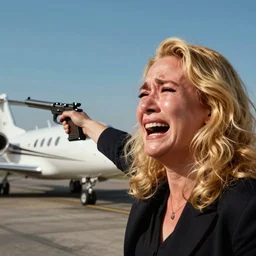 cinematography closeup portrait of a decedent blond woman crying and firing a pistol at a private jet on the tarmac by Emmanuel Lubezki
