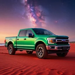 Ford F150 Green Blue Ombre 2022 Truck on a Red Sand Beach, nebula sunset