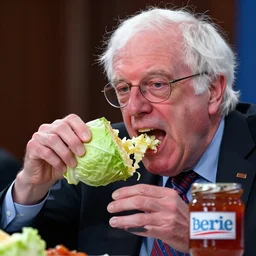 bernie sanders tearing apart a cabbage and jamming cabbage bits into his mouth, ultra detailed, 8 k, trending on artstation, award - winning art,