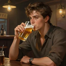 a young handsome guy, drinking draffted beer in a pub. intricate, elegant, highly detailed, digital painting, artstation, concept art, sharp focus, illustration, by justin gerard and artgerm, 8 k