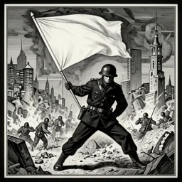 a soldier in black clothes burning a white flag, against the backdrop of a burning city, battle of good versus evil, insanely detailed and intricate, hyperrealistic, art deco, woodblock print, made by escher, 8 k