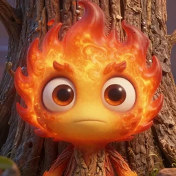 detailed rocky scene, a close up of a funny tree monster fire spirit with detailed large eyes and flaming hair by maurice sendak, shaun tan made in hyperrealistic 3 d, octane render, dark green colours, sharp focus, 8 k, nighttime, artstation