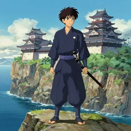 an ( ( ( ( anime ) ) ) ) still of a ronin samurai standing on the edge of a cliff overlooking the ocean, confident looking, finely detailed features, perfect art, at an ancient castle, trending on pixiv fanbox, painted by greg rutkowski makoto shinkai takashi takeuchi studio ghibli, akihiko yoshida
