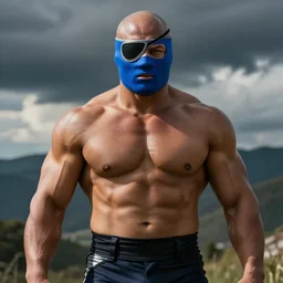 muscular wrestler, bald, eyepatch, blue mask covering mouth, realistic,