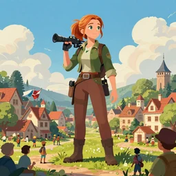 Giant Katniss Everdeen stands next to a town, surrounded by people, digital art, trending on ArtStation, Gulliver's Travels