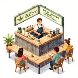 close up of barista at customers table : cafe serves cannabis for the first time in australia, isometric illustration fun, render in pixar, by darwyn cooke, cute and funny, ratfink style by ed roth, centered award winning watercolor pen illustration, isometric illustration by chihiro iwasaki, edited by craola, tiny details by artgerm and watercolor girl, symmetrically isometrically centered