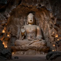 giant Buddha statue, carved into a Martian lava cave, candlelit, cavernous interior wide shot, rough, detailed, lava rock, elegant, concept artwork by Thomas Cole and Tim Hildebrandt