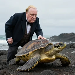 An astonished agape Winston Churchill discovers the first turtle ever in Galapagos, national geographic, BBC, XF IQ4, f/2.5, ISO 200, 1/160s, 8K, RAW, unedited, face retouched, AI enhanced