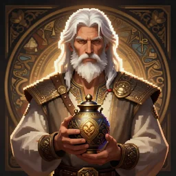 a man with white hair and beard, wearing nomadic clothing holding a soul jar portrait, 2 d, pixel art backlight, rim lighting, deep focus, d & d, fantasy, intricate, elegant, highly detailed, digital painting, artstation, concept art, matte, centered, sharp focus, illustration, hearthstone, art by artgerm, greg rutkowski and alphonse mucha
