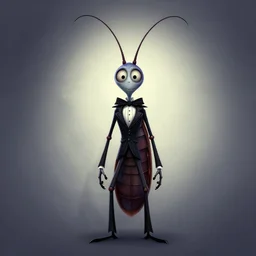 digital art of a symmetrical thin cockroach cartoon character with long antennae, wearing a black suit, character poses, by anton fadeev from nightmare before christmas