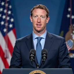 mark zuckerberg as the president of the united states, standing at a podium, looking confident, professional portrait  photo