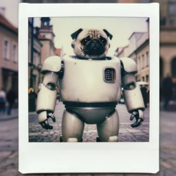 oversized cyborg robot war pug, in legnica, noon, cinematic focus, polaroid photo, vintage, neutral dull colors, soft lights,, by gregory crewdson