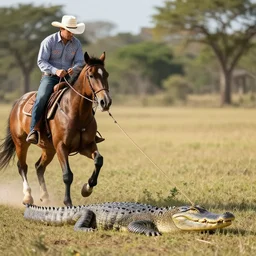 a cowboy riding a horse while roping an alligator